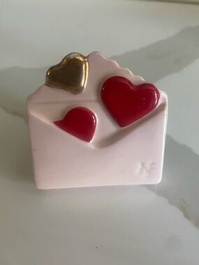 Nora Fleming Pink Ceramic Envelope with Red and Gold Hearts